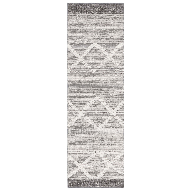Benyam Hand Woven Wool/Cotton Geometric Rug in Ivory/Gray, Runner 2'3" x 8'
