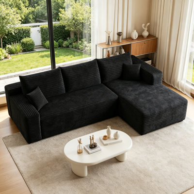 Canapé modulaire minimaliste en forme de L de 95 po de style nuage minimaliste, canapé d'angle rembourré en velours côtelé moelleux avec coussin de ressort, sans assemblage requis, noir