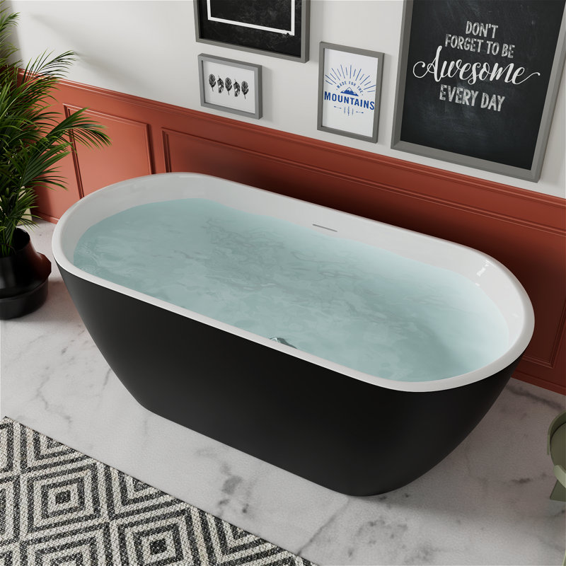 Baignoire de trempage autoportante L 59 po x l 29 po avec drain chromé double, Noir