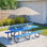 Table de pique-nique en métal robuste en acier galvanisé résistant à la rouille pour 10 personnes, table de salle à manger avec trou de parasol pour le jardin, le patio, le pique-nique, le camping