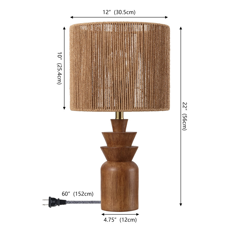 Lampe de table à DEL 22 po avec abat-jour tambour en corde tissée à la main Anderson, Finition en bois brun