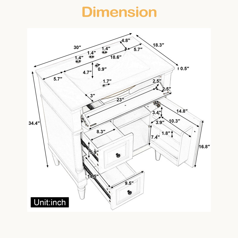 Meuble-lavabo sur pied 30 po avec lavabo, armoire de salle de bain autoportante avec tiroir rabattable et tablette réglable, structure en bois d'hévéa massif