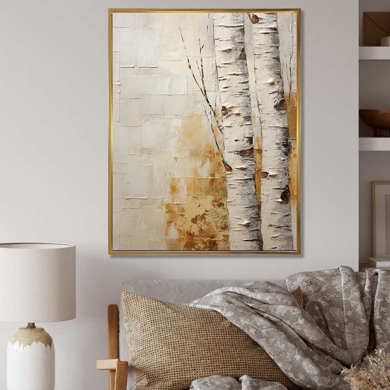 Arbre de minimalisme bouleau II sur toile, Cadre flottant doré, H 32 po x l 16 po x P 1 po