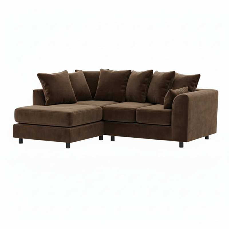 4 Seater Velvet Sofa & Chaise, Left, Brown