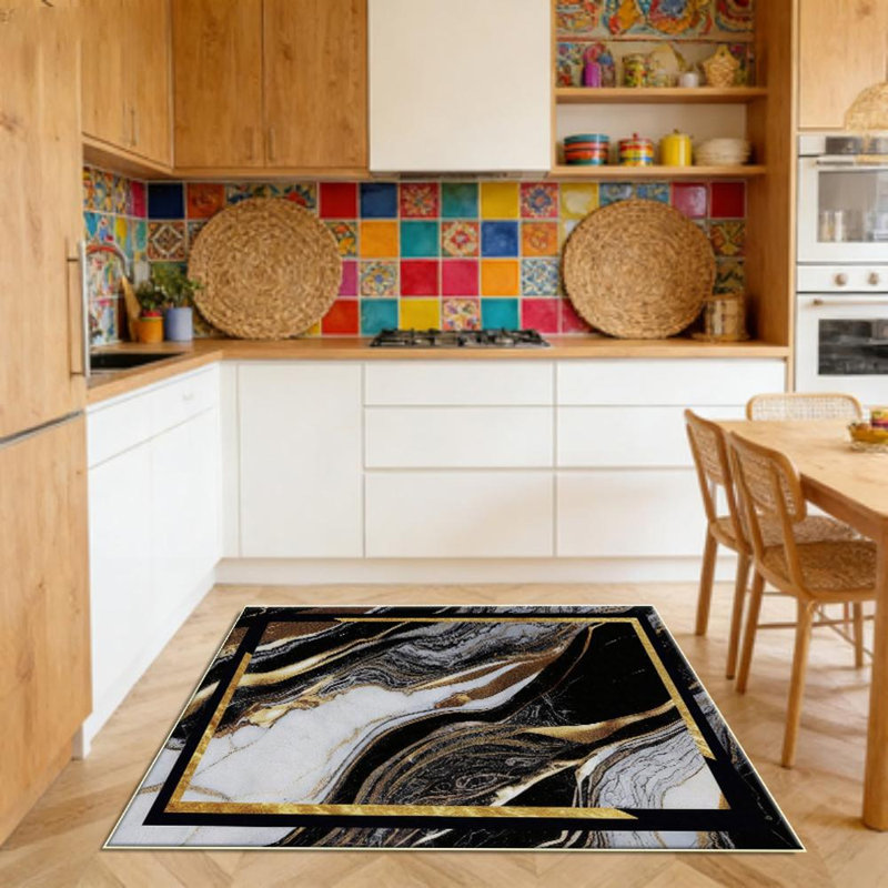 Marbled Pattern With Gold Frame Area Rug, Soft And Lightweight, Suitable For All Seasons, Easy To Maintain And Easy To Clean, Machine Washable Carpet Floor Mat, Suitable For Living Room, Bedroom, Dining Room, Hallway, Balcony, Room Decor, Home Decor, Out