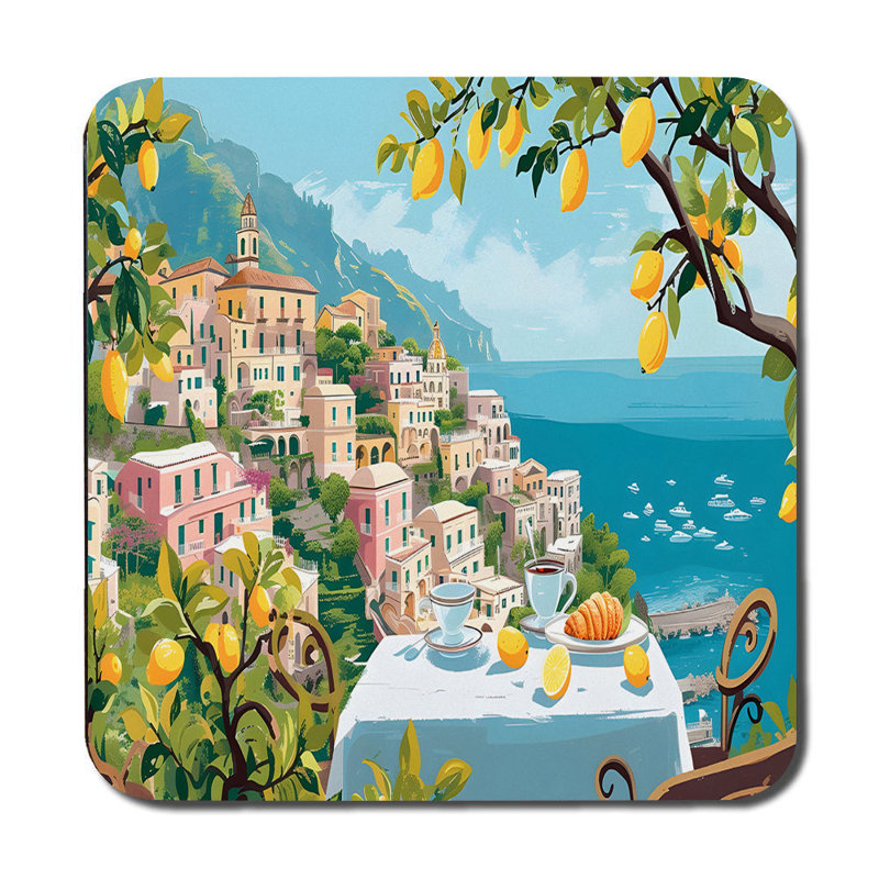 Italian Seaside Village Placemat And Coaster Set With Lemon Trees