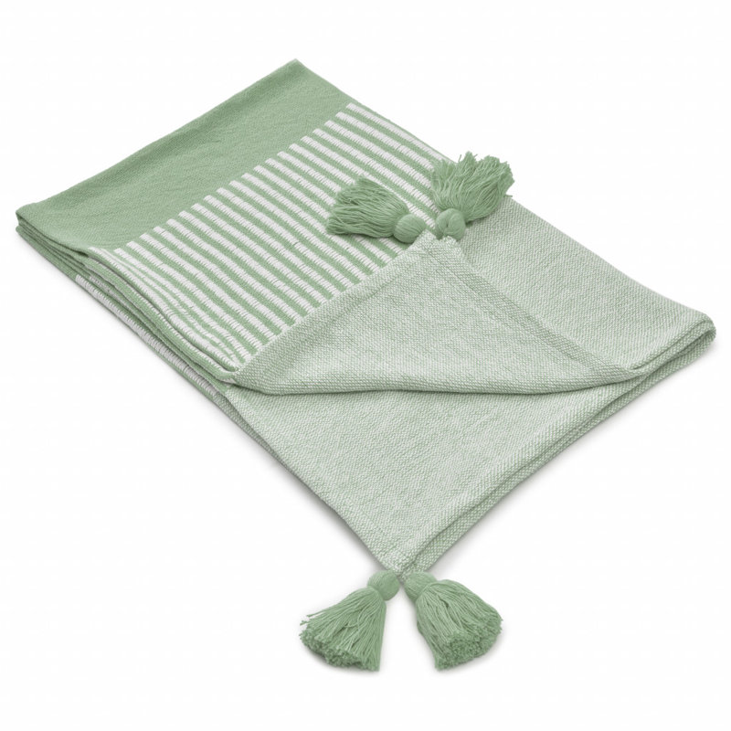 Jeté rayé en coton tissé bleu, Vert
