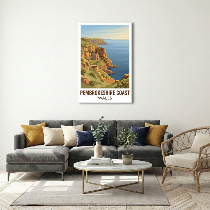 Pembrokeshire Coast, Wales - Romantic Coastal Cliffs Travel Poster, Scenic Welsh Seaside Print. Giclee Print On Wrapped Canvas. Wall Art, Home Decor - Regions & Scenic Areas, Wales - Wrapped Canvas Print