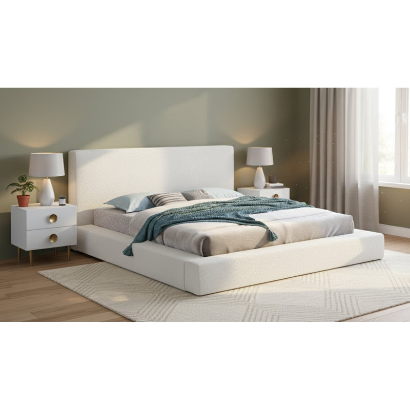 Issaias Upholstered Panel Storage Bed, Cream Boucle Fabric, King