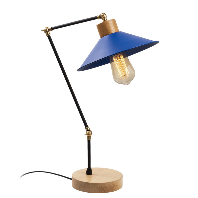 Lampe de table moderne bleue avec corps en métal et base en bois, 9,4 po de diamètre x 20,5 po de hauteur | Douille E27, 40 W maximum, câble de 6,0 pi, indice de protection IP20 | Éclairage élégant pour le salon, la chambre à coucher et le bureau