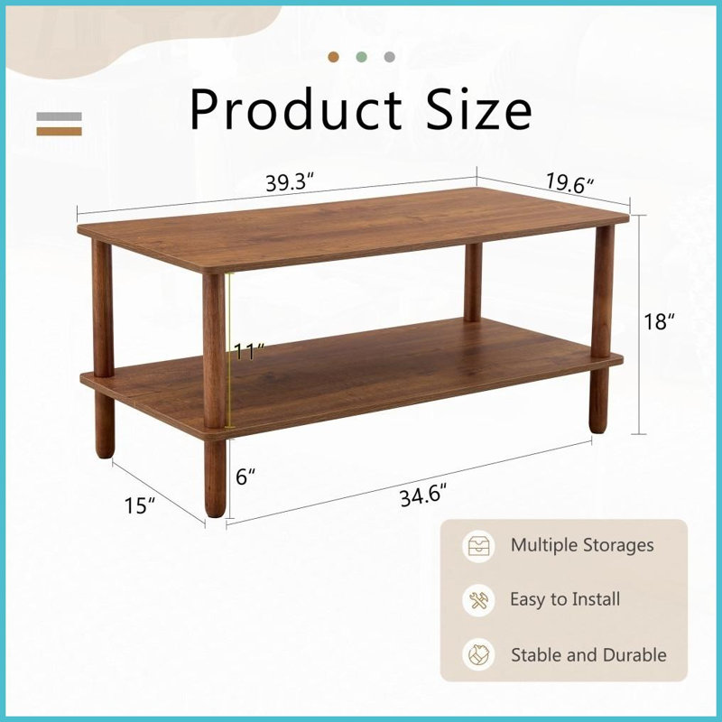 2-Tier Rectangular Coffee Table for Living Room - Solid Wood+MDF, Easy Clean &amp; Quick Assembly, Dark Brown