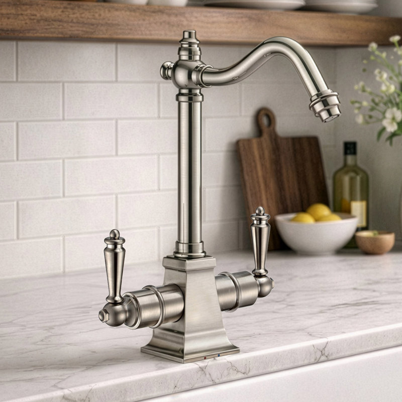 Whitehaus Point of Use Instant Hot/Cold Water Drinking Faucet with Traditional Swivel Spout, Brushed Nickel