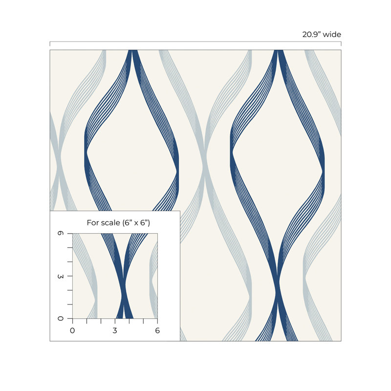 Rouleau de papier peint L 33 pi x l 20,9 po Vicente Wave Ogee, Bleu celtique / goutte de rosée
