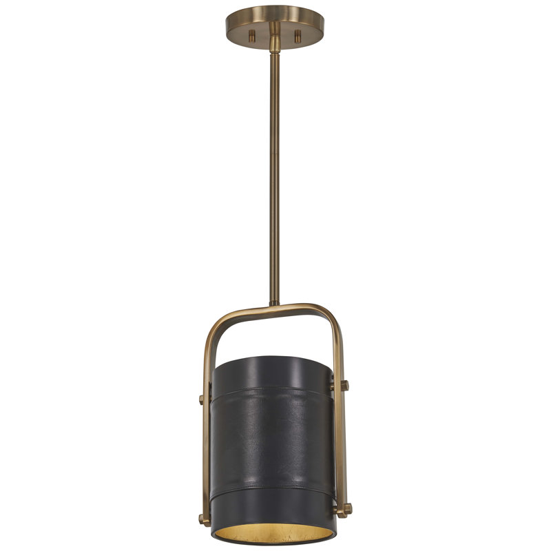 Aged Antique Brass and Black Leather Mini Pendant Light