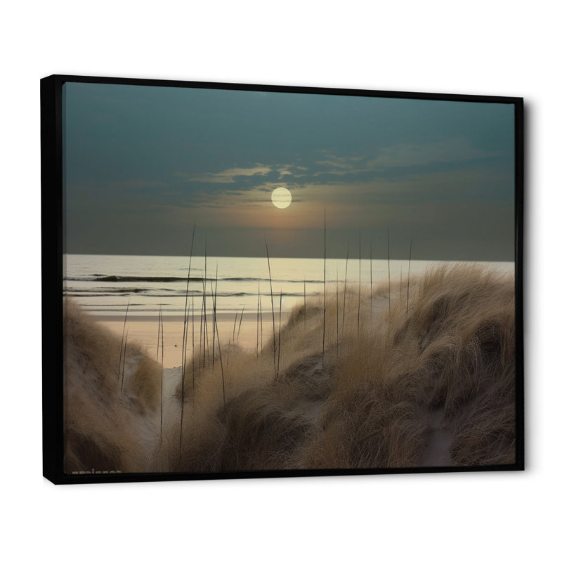 Pleine lune se levant à travers l'herbe de la plage sur toile, H 16 po x l 32 po x P 1 po, Cadre flottant noir