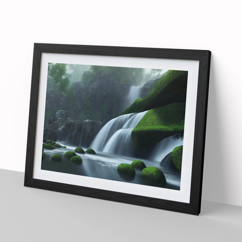 Reflective Waterfall - Single Picture Frame Print, Black Framed, 46cm H x 64cm W x 2cm D