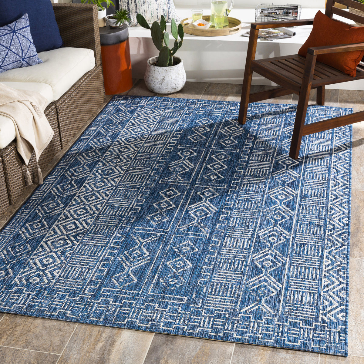 Union Rustic Hongming Geometric Ivory/Denim Indoor / Outdoor Area Rug ...