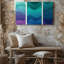 Reproduction d'art abstrait numérique sur toile avec une série de rayures murales ondulées dans des nuances variées de sarcelle turquoise-1556693060