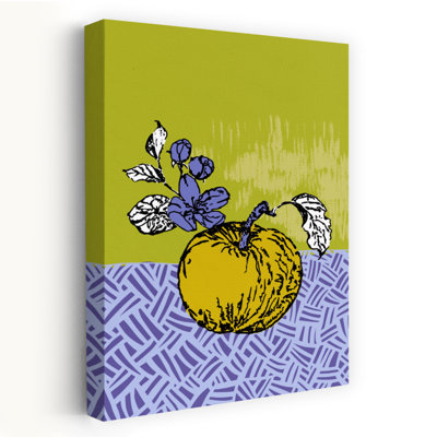 Affiche murale moderne et vibrante représentant une fleur de pommier dorée et des fruits, avec une lavande et des pommes dorées.