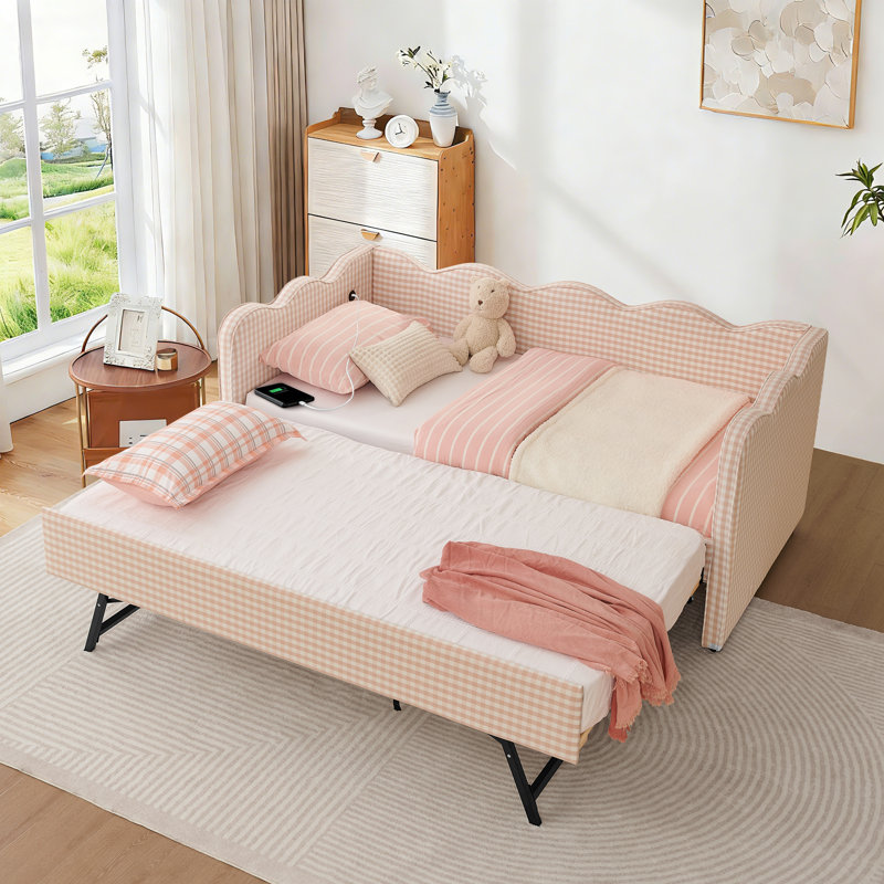 Twin to King Daybed with Trundle,Linen Upholstered Daybed with Pop Up Trundle Bed with USB Port,Modern Extendable Twin Day Bed Frame for Girls Bedroom Living Room Guest Room,No Box Spring Required