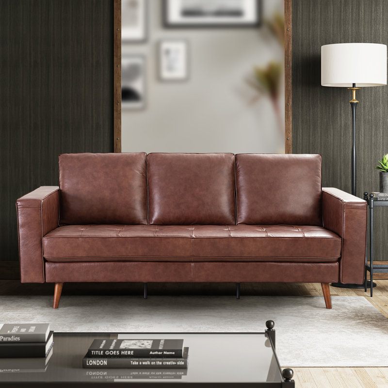 Suzanna 82"W Transitional Genuine Leather Sofa, Brown