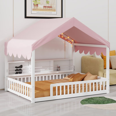 Wooden Floor Bed,House-Shaped Daybed With Fense,3 Storage Bookshelves,Curtain And LED Light