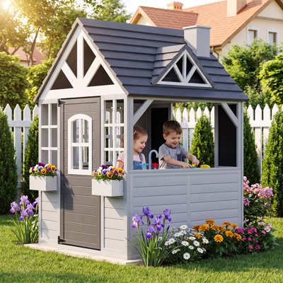 4' W x 3' D Solid Wood Outdoor Kids Playhouse, Outdoor Cottage Playhouse with Play Kitchen, Blackboard, Flower Boxes & Pet Door, Pretend Play House for Backyard, Garden, White