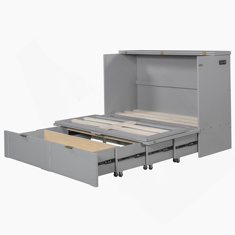 Lit escamotable polyvalent avec rangement pour tiroir et prises et ports USB, structure à poulie pour une conversion facile, idéal pour économiser de l'espace