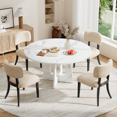 47 Inch Round MDF Dining Table Set with 4/6 Fabric Dining Chairs, Modern Kitchen Dining Set for Dining Room Living Room
