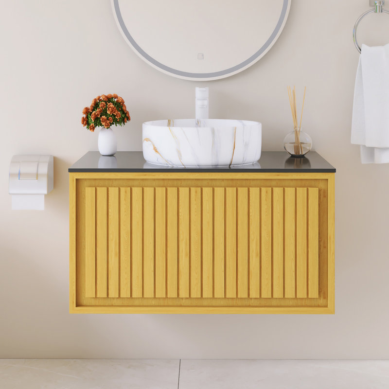 Meuble-lavabo mural simple avec comptoir en pierre frittée noire
