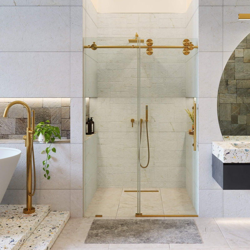 Porte de douche coulissante simple sans cadre l 60 po x H 74,25 po, Laiton satiné