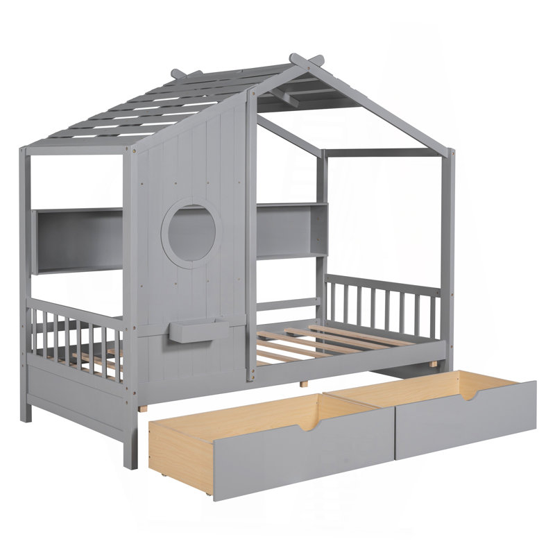 Wooden Twin Size House Bed With 2 Drawers