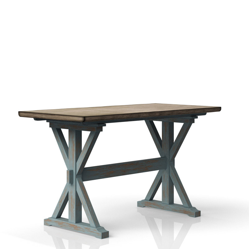 Table de salle à manger à hauteur de comptoir en X, bleu, bois massif et bleu décontracté