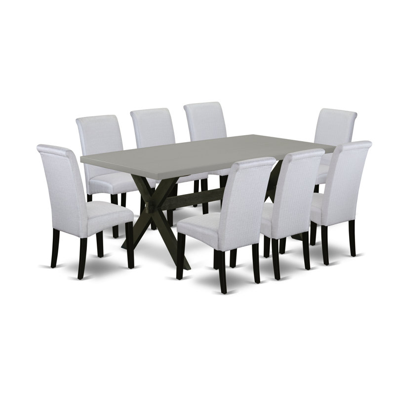 Ensemble de table de cuisine 9 pièces comprenant une table de salle à manger rectangulaire avec pieds en X et 8 chaises de salle à manger Parson en tissu gris, finition noire brossée