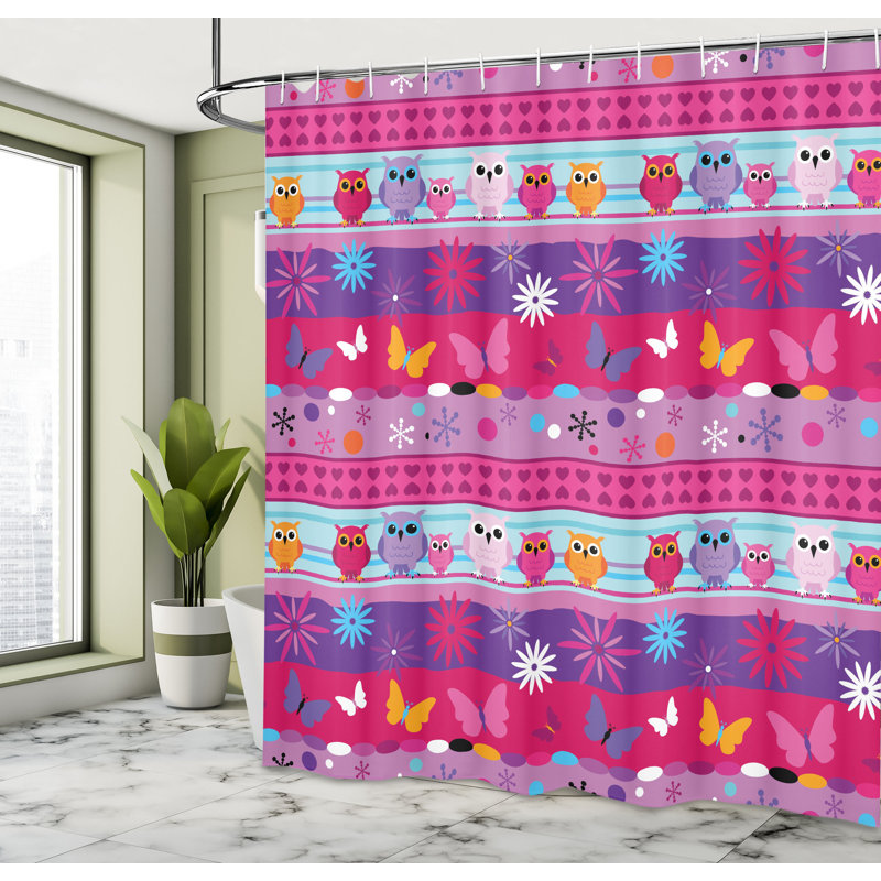 Ambesonne Owl Shower Curtain Cartoon Owls and Flowers  Multicolor, 84"H x 69"W