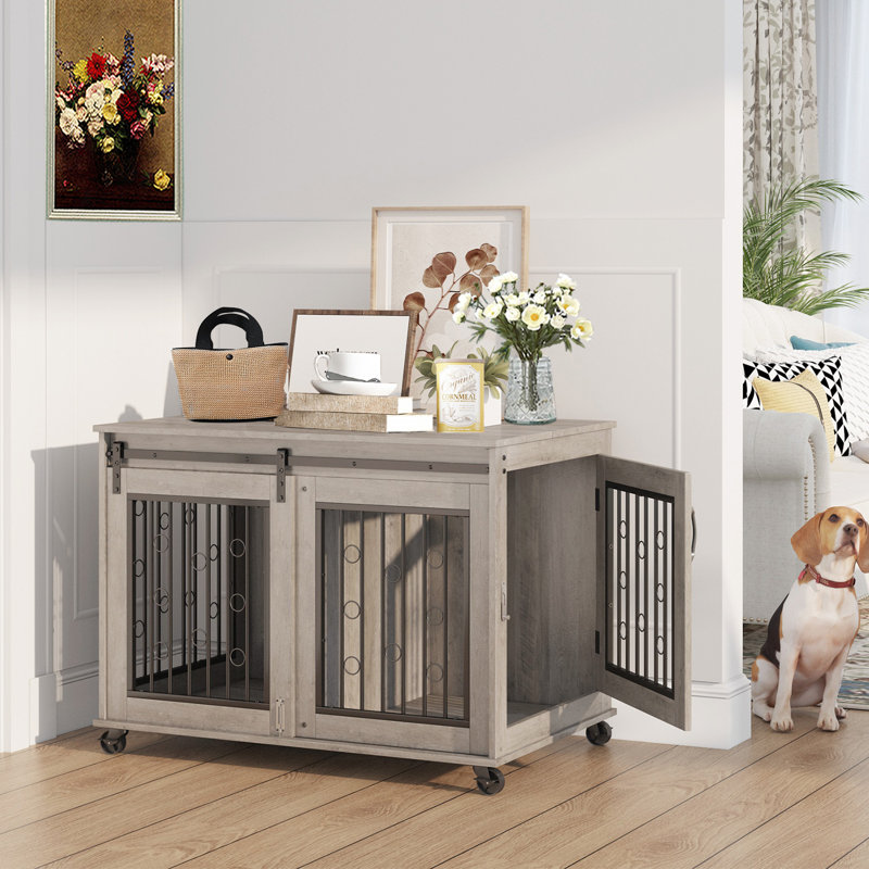 Table d'appoint pour chien avec porte coulissante, cloison pour deux chiots l 43,7 po, blanc et brun rustique, Gris