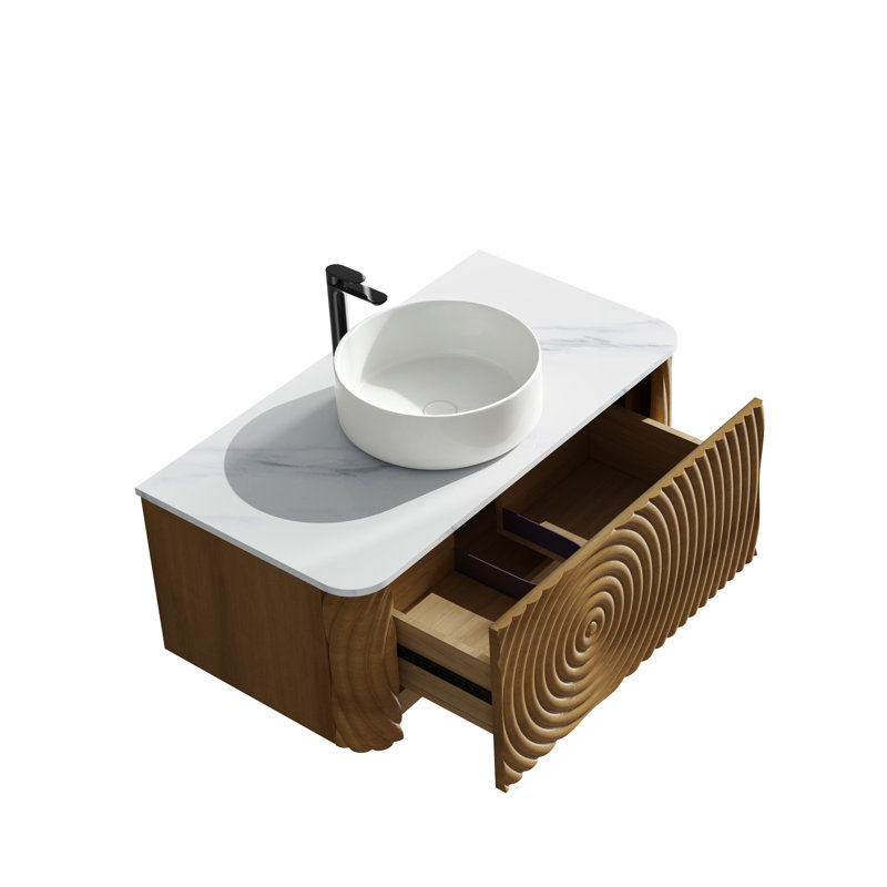 Ensemble de meuble-lavabo mural, lavabo flottant avec lavabo rond en céramique, ensemble de meuble-lavabo texturé à ondulation d'eau pour les petits espaces, peu encombrant