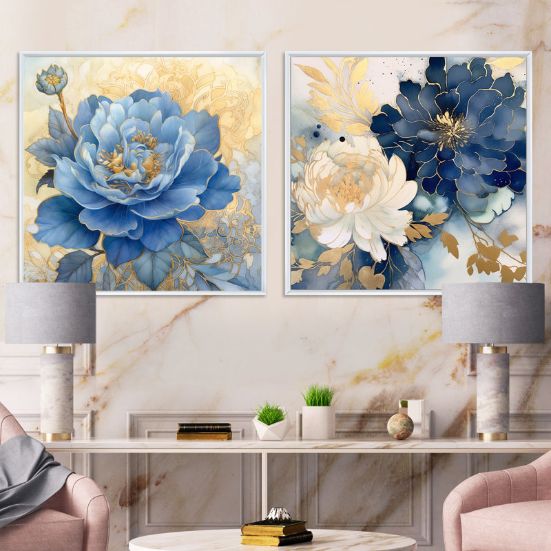Ensemble de 2 fleurs rétro chorales blanches, Cadre flottant blanc, H 36 po x l 73 po