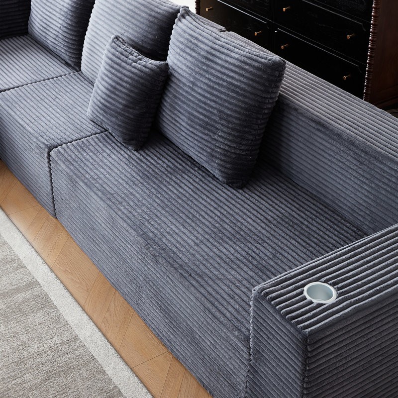 Canapé modulaire en velours côtelé gris foncé avec 5 sièges, porte-gobelets profonds, conception moderne, sans assemblage, pour un repos relaxant gris, pour les vacances de bureau à domicile