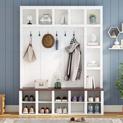 Arbre d'entrée en bois avec 6 crochets, banc de rangement, tablettes réglables et armoire à chaussures 4 en 1