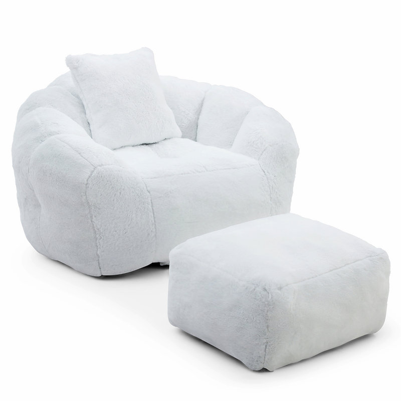 Fauteuil à billes surdimensionné avec repose-pieds, Fausse fourrure blanche
