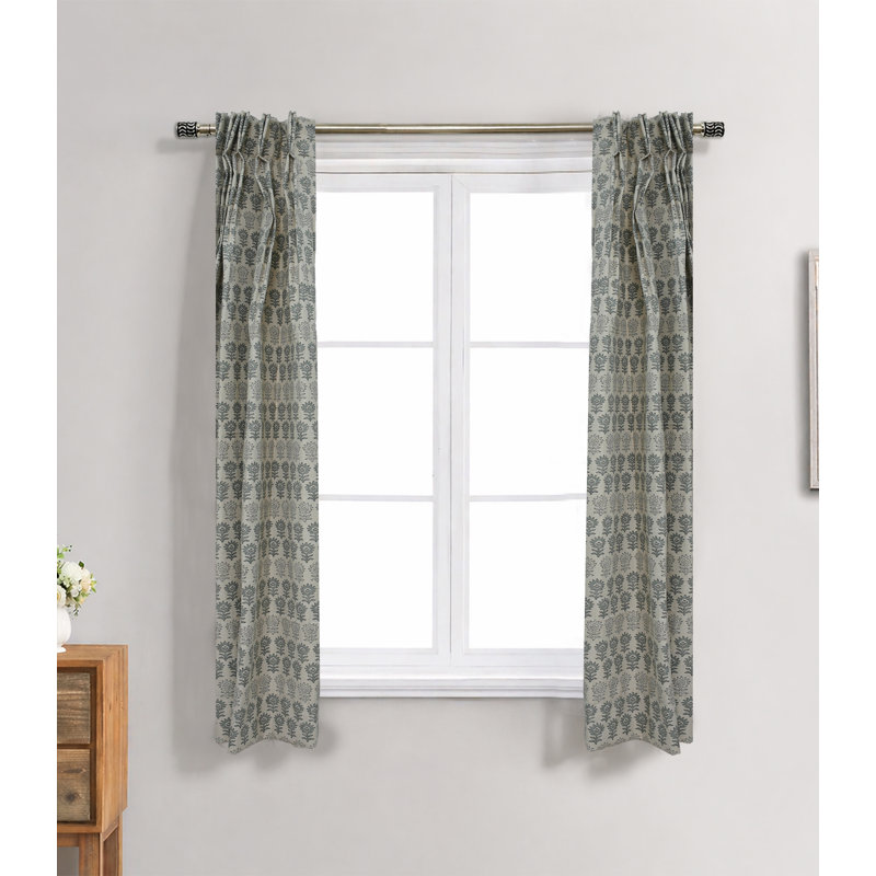 Floral Block Print Linen Pleated Curtain – Surajmuki Gray Floral Light Filtering Window Curtain, 27" W X 29" L