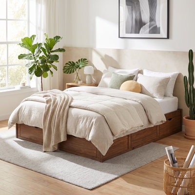 Hartland King Size Platform Bed with 6 Storage Drawers, Solid Pine Wood Frame, Low-Profile Walnut Finish, Under-Bed Hidden Storage for Master Bedroom, No Box Spring Needed