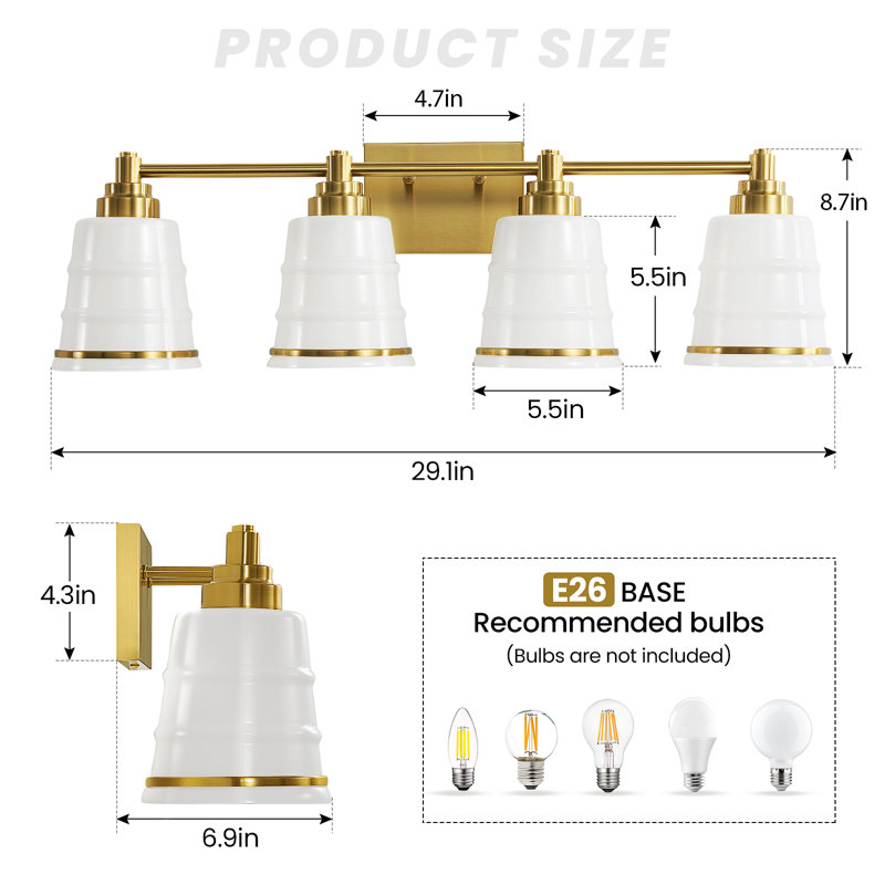 Éclairage de salle de bain à intensité variable pour salle de bain (disponible en quatre tailles), Doré, Blanc, 4 lumières