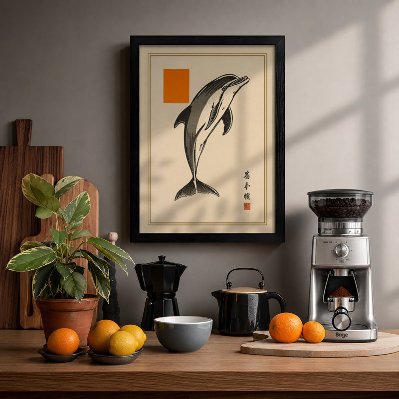 Leaping Dolphin Japandi - Framed Print, A1 - 84.1 x 59.4 cm, Black