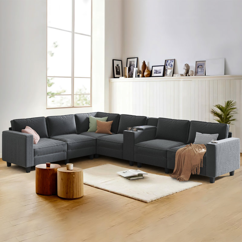 Upholstered Sectional, Gray Corduroy