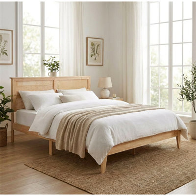 King Size Solid Wood Bed with Rattan Headboard