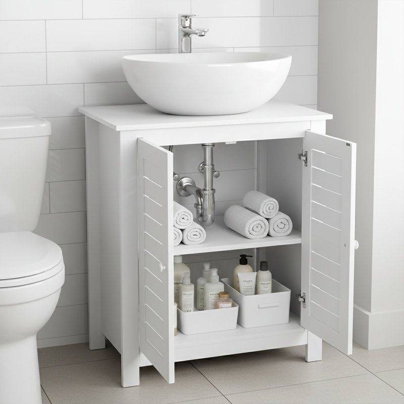 Meuble-lavabo blanc, meuble-lavabo sous le comptoir avec découpe en U, portes à double évent, conception peu encombrante pour les salles de bain modernes, collection Santorin