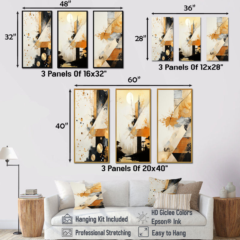 Ensemble de 3 impressions sur toile grises et dorées Sunset Collage I, Cadre flottant doré, H 40 po x l 60 po