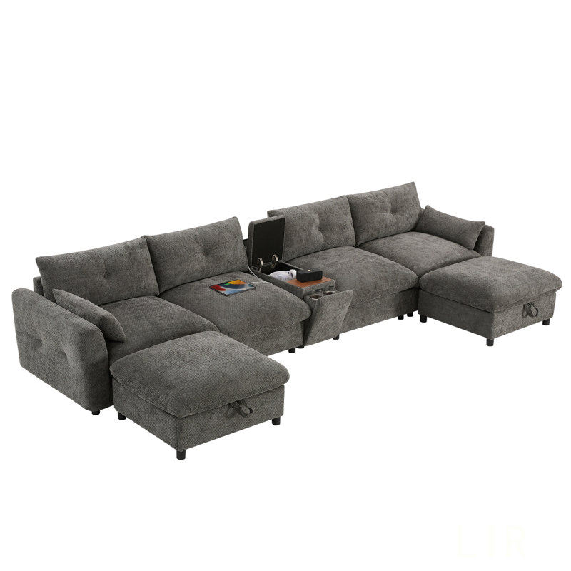Canapé modulaire de 142 po avec repose-pieds, console, porte-gobelet et chargeur USB pour salon moderne